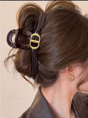 Dior Brown Hair Claw Clip with Gold logo  Accent